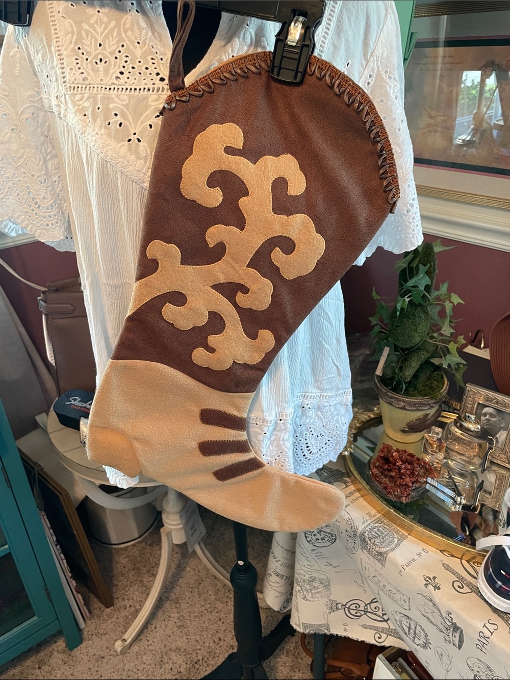 Handcrafted Brown and Tan Decorative Boot Stocking